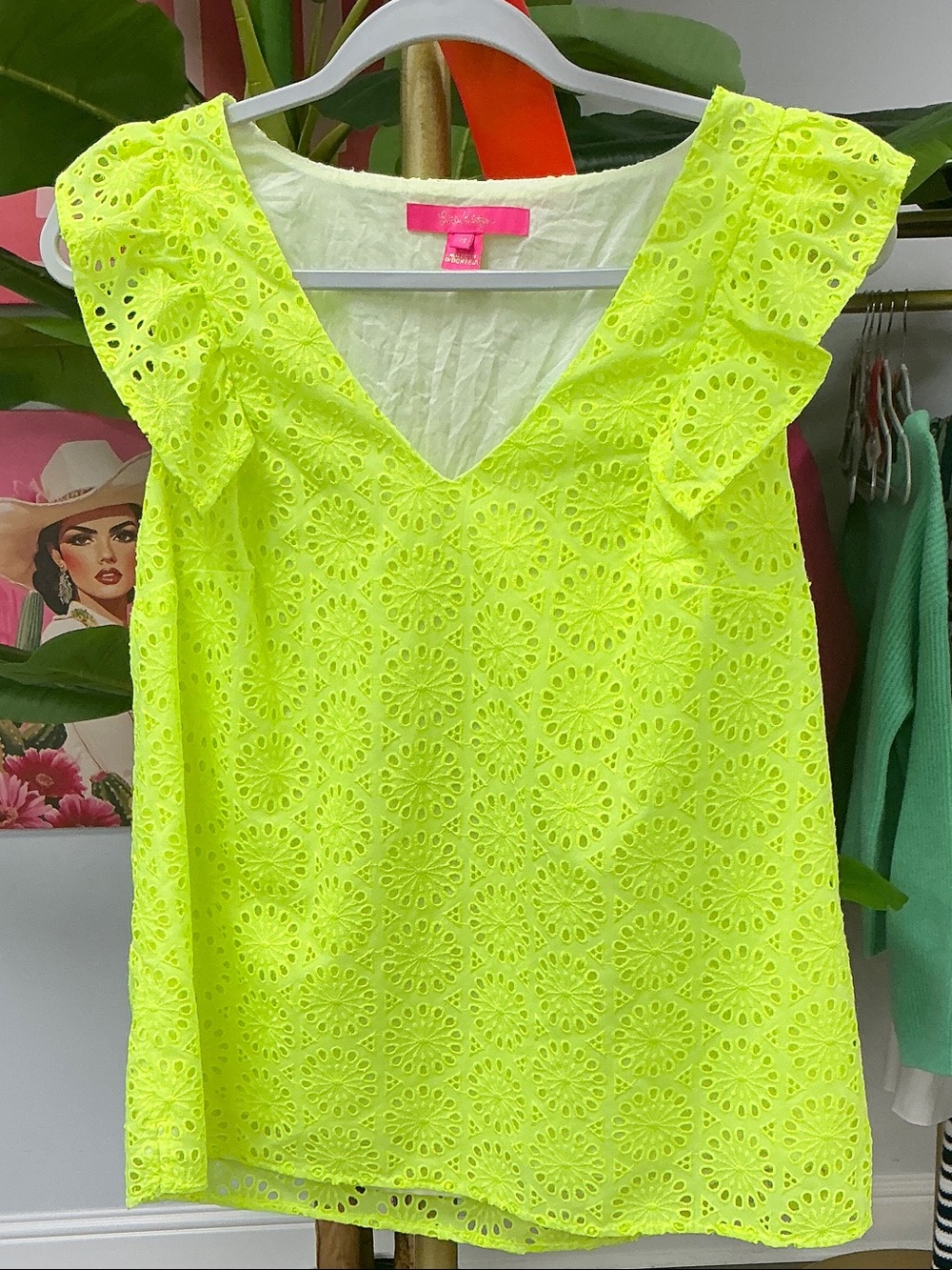 Lilly Pulitzer Neon Yellow Eyelet V-Neck Ruffle Tank
